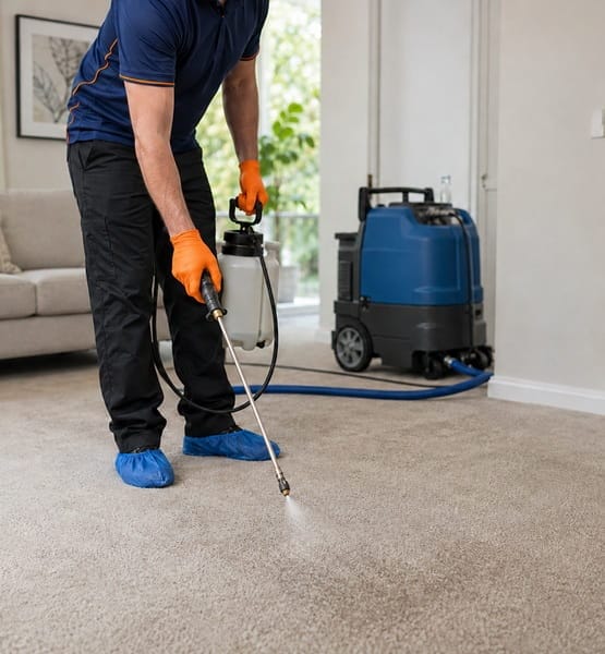 A technician applying carpet cleaning protection in a home in Melbourne