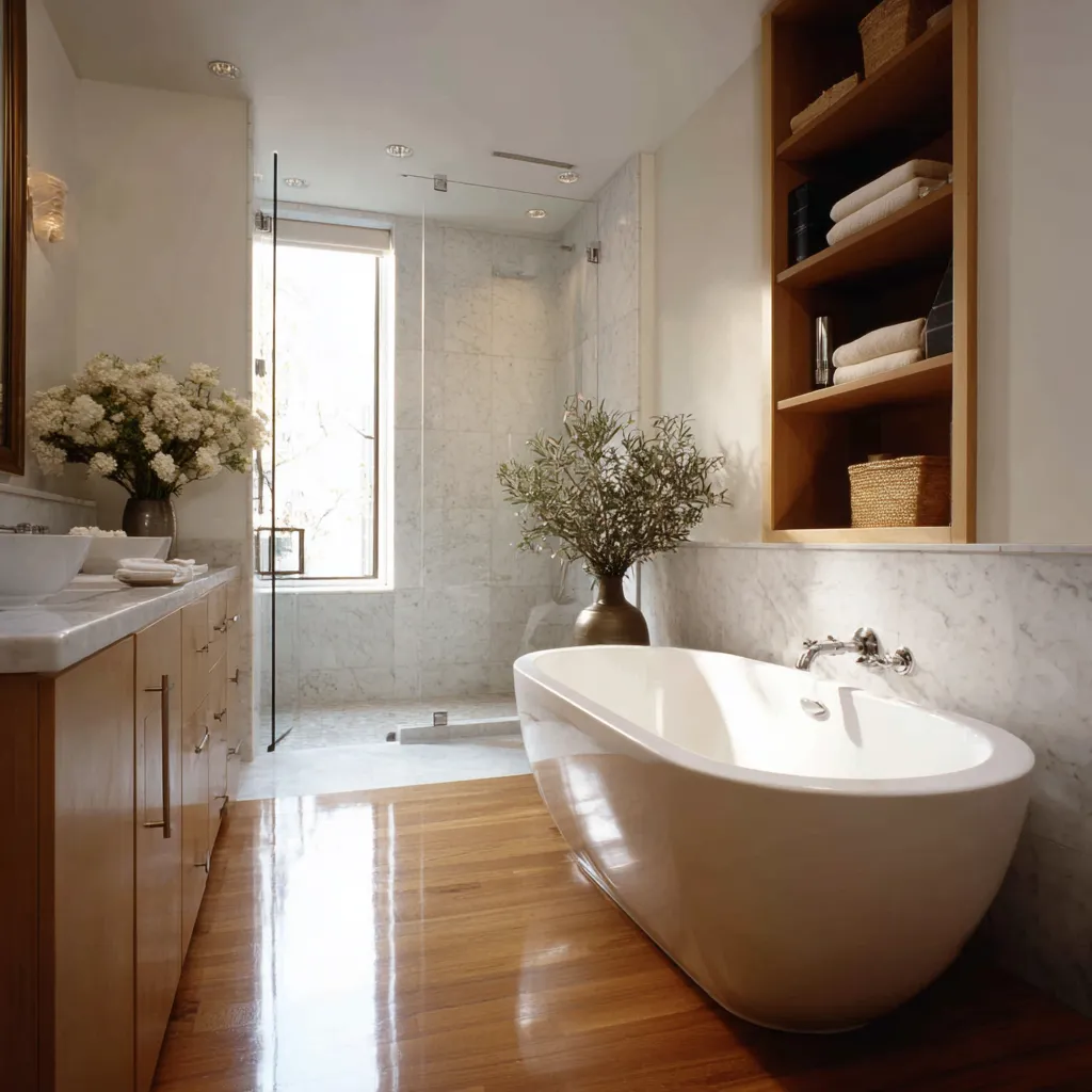 Minimalist bathroom with a freestanding bathtub, wooden cabinetry, glass shower, and natural light, showcasing elegant bathroom remodeling ideas