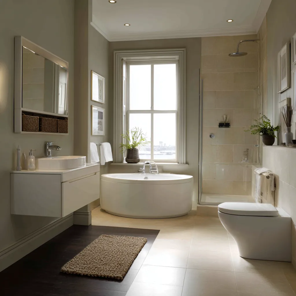 Contemporary bathroom featuring a freestanding round bathtub, sleek vanity with storage, and a glass shower, illustrating modern bathroom remodeling ideas. The space is bright with natural light, plants, and minimalist design elements