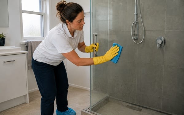 bathroom-cleaning-shower-screen-glass Cleaner wiping a glass shower screen with a microfibre cloth in a tiled bathroom