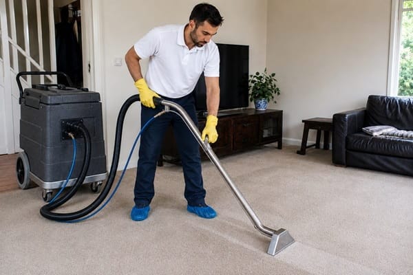 carpet-steam-cleaning-extraction-machine Carpet being steam cleaned with a professional extraction machine