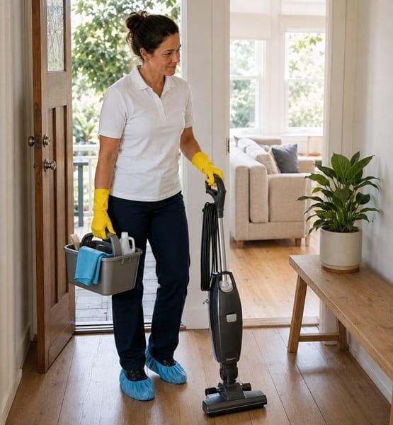 cleaner-arriving-at-home-with-supplies Cleaner arriving at a Melbourne home with a caddy of cleaning supplies and a vacuum