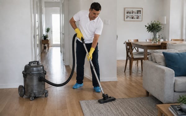 living-room-vacuuming-timber-floor-and-rug Cleaner vacuuming a rug and timber floorboards in a living room