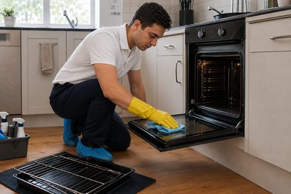 oven-cleaning-door-and-racks Cleaner wiping an oven door with the racks and tray removed