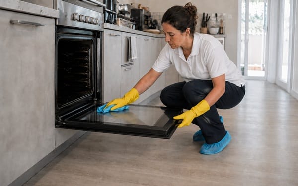 oven-cleaning-door-glass-degreasing Cleaner degreasing the inside glass of an oven door in a home kitchen